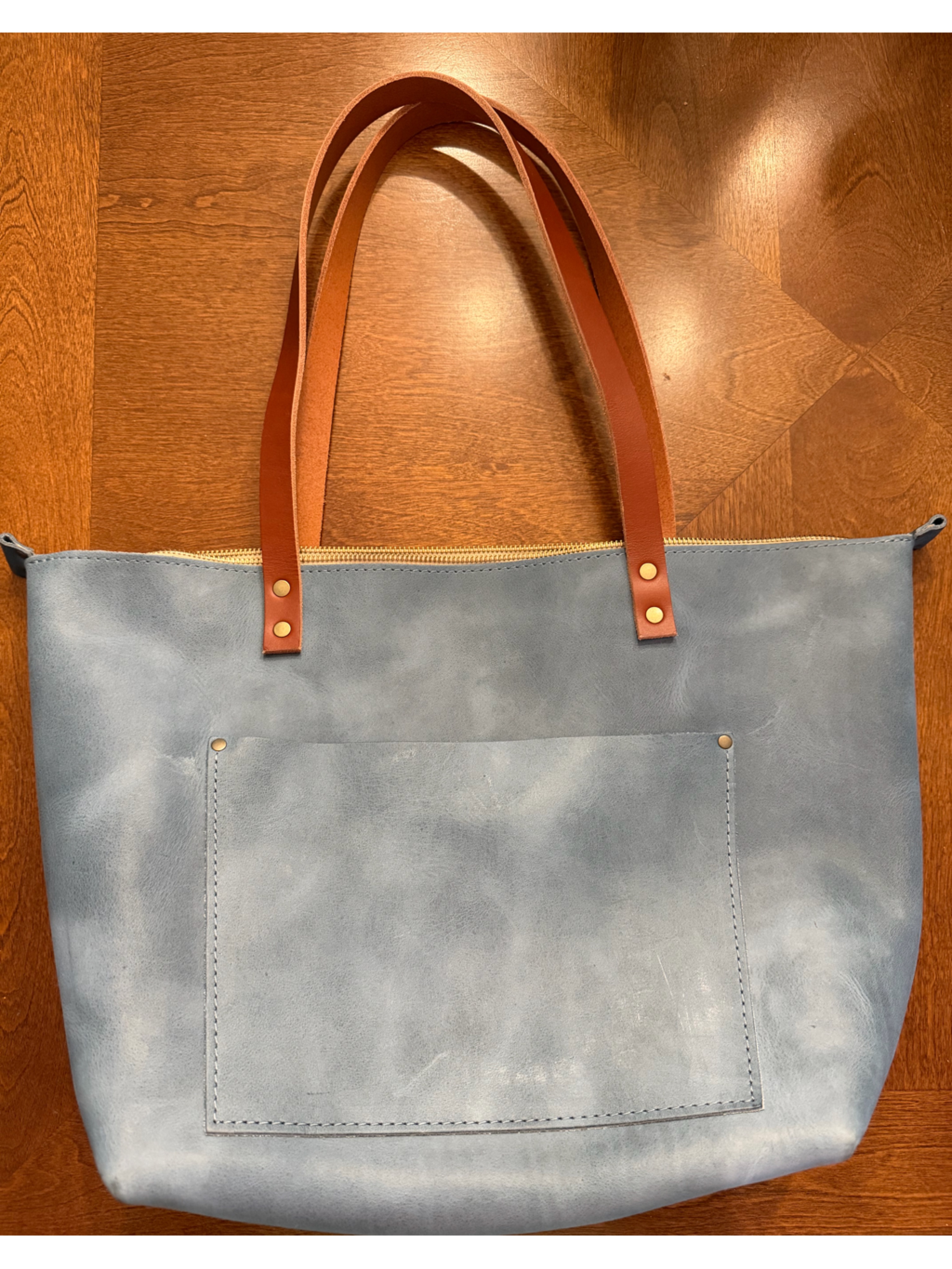 Portland Leather Goods Large Zipper Tote In Aqua With Tan Handles
